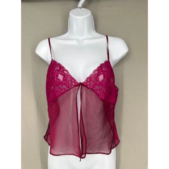 Y2K Vintage Lace Cami Top Womens Medium Pink Sheer Coquette Fairy Boho 90s Crop - Picture 1 of 7